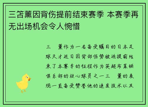三笘薰因背伤提前结束赛季 本赛季再无出场机会令人惋惜