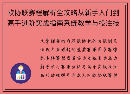欧协联赛程解析全攻略从新手入门到高手进阶实战指南系统教学与投注技巧